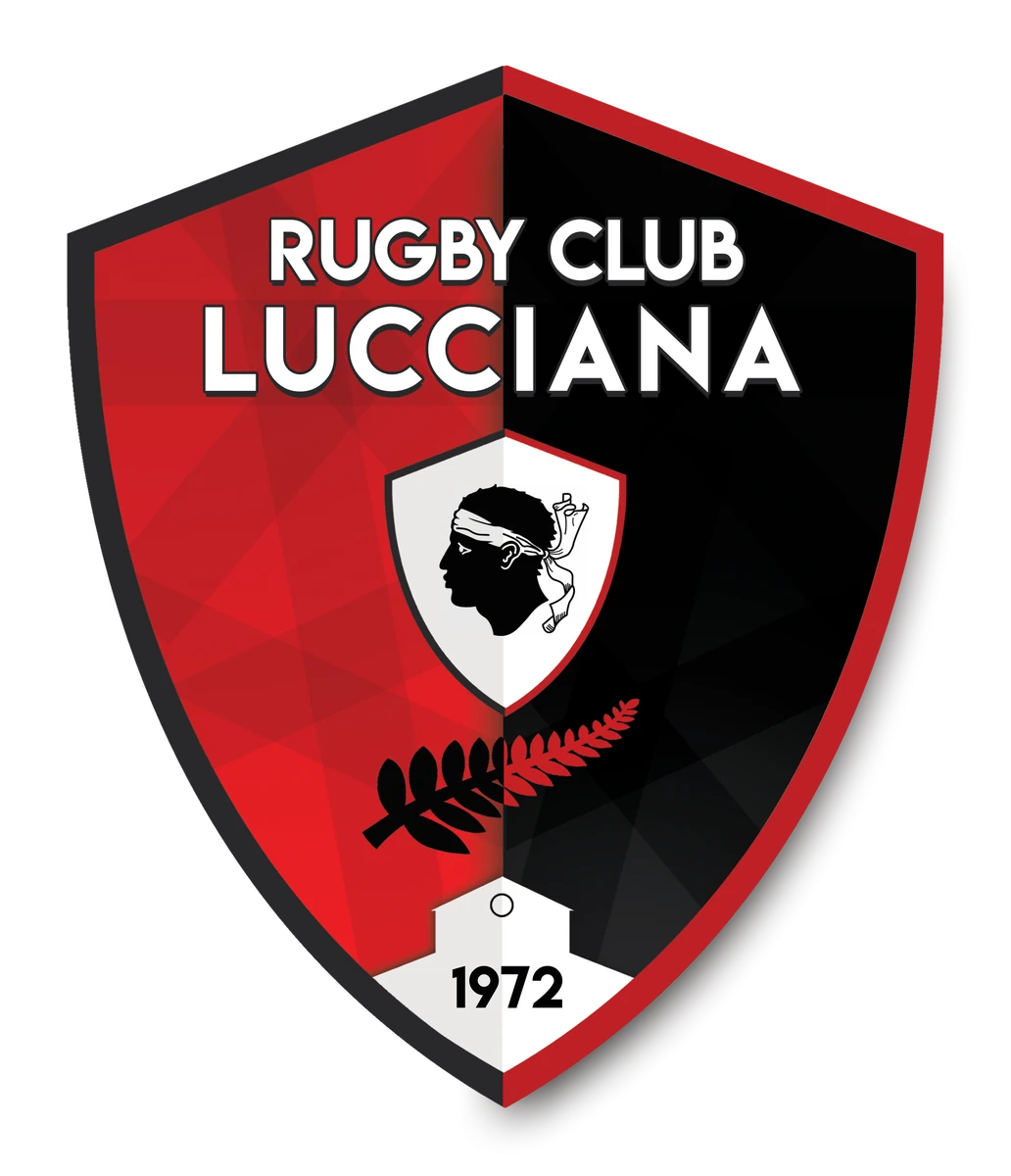 Écusson du Rugby Club Lucciana : noir et rouge, tête de Maure, fougère, 1972
